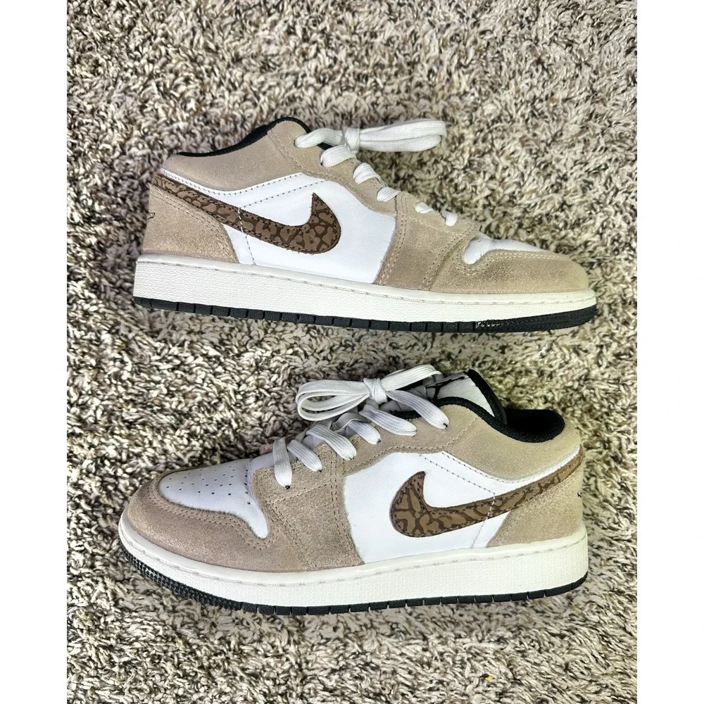 Nike Air Jordan 1 Low DZ5368-201 Patterned Swoosh Tan White Sneakers 4Y/5.5W - Picture 2 of 9
